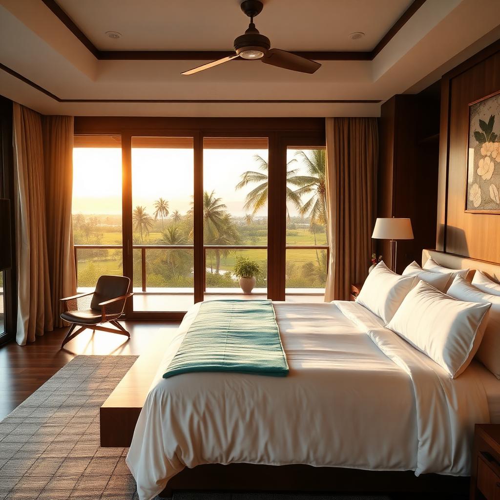 Sunlit stone interior with linen curtains