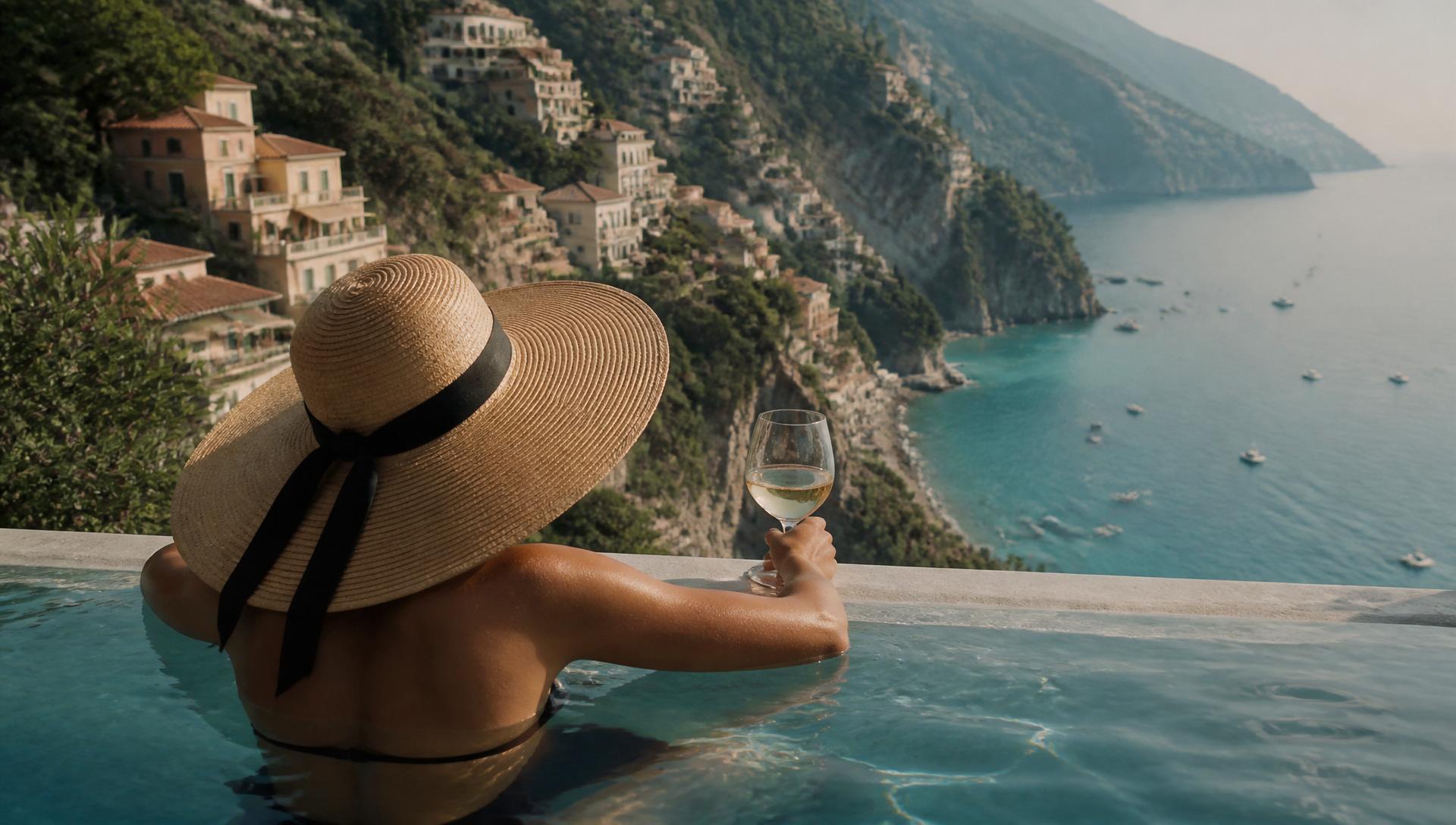 A woman resting on the edge of a clifftop infinity pool overlooking the Amalfi coast at soft morning light